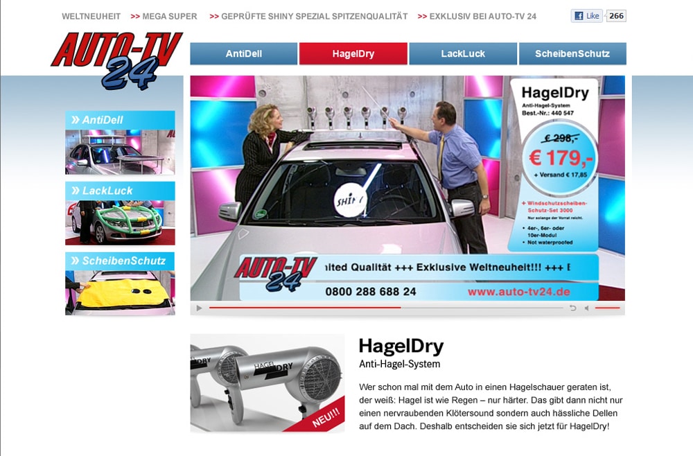 Screen einer Shopping-Kanal Sendung mit Fahrzeug, Moder:innen, Produkten, Preisen